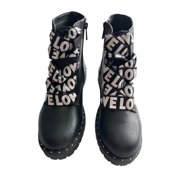 Bamboo LOVE Black Combat Ankle Boots Ribbon Laces NEW Studded Side Zipper 8 - Picture 2 of 7